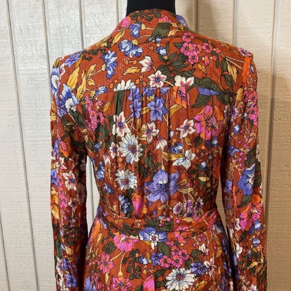 New Anthropologie Vale Maxi Floral Retro Belted Shirt Dress Orange Autumn Fall S - Picture 3 of 9